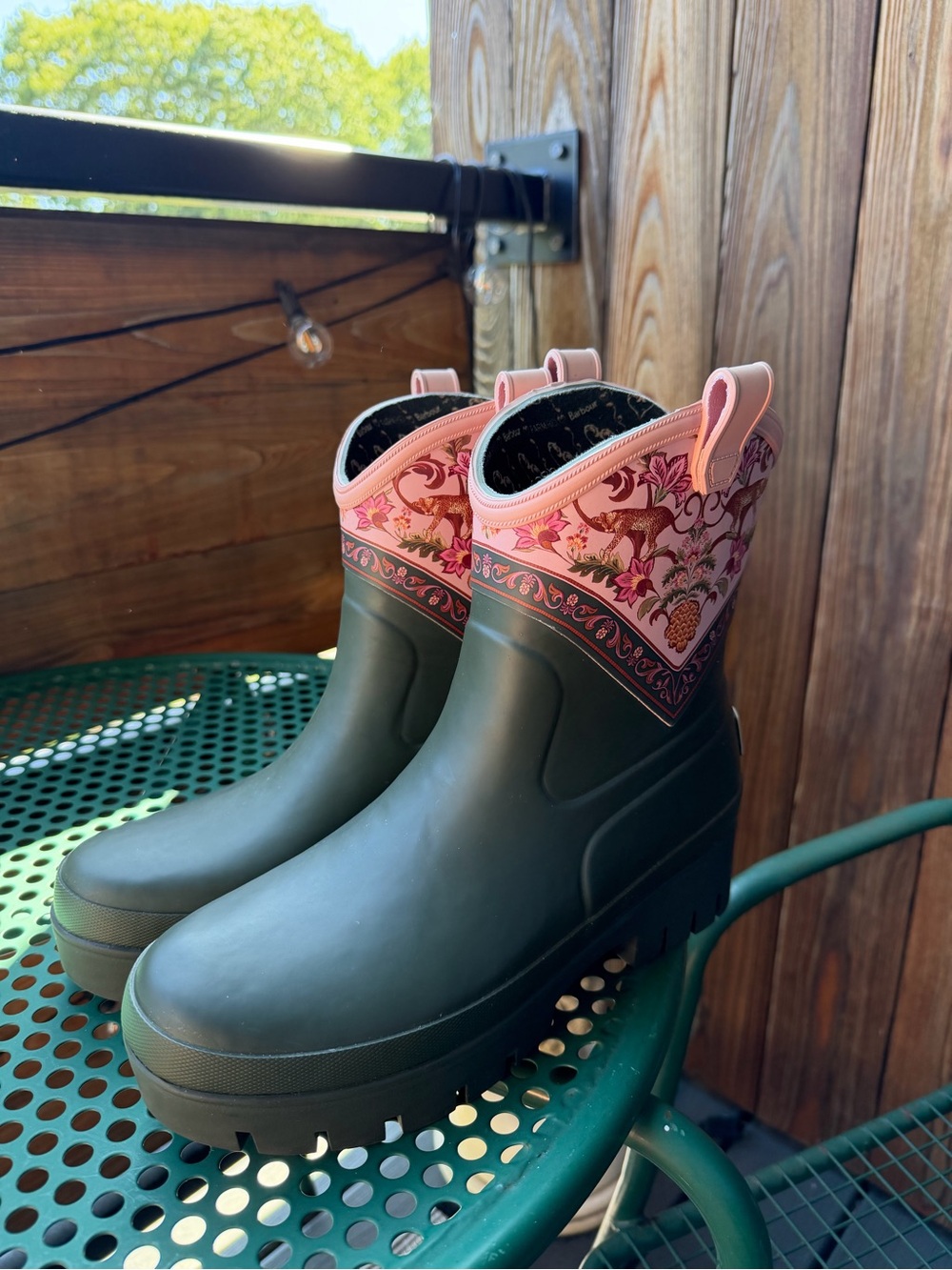 Barbour Olive Green & Pink Patterned Pull-On Rain Boots
